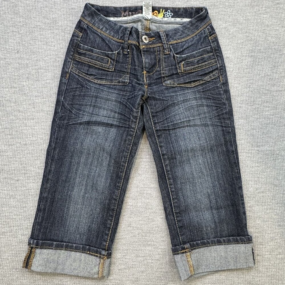Mudd Womens Denim Capri Jeans Size 0 Embroidered Pockets Cuffed Hem Pockets Y2K